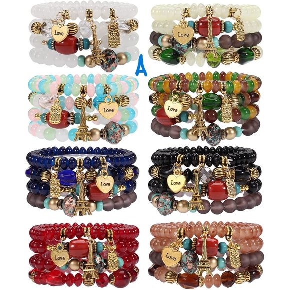 New 8 Packs Bohemian Stackable Bracelets for Women Multilayered Stretche… - Picture 1 of 8